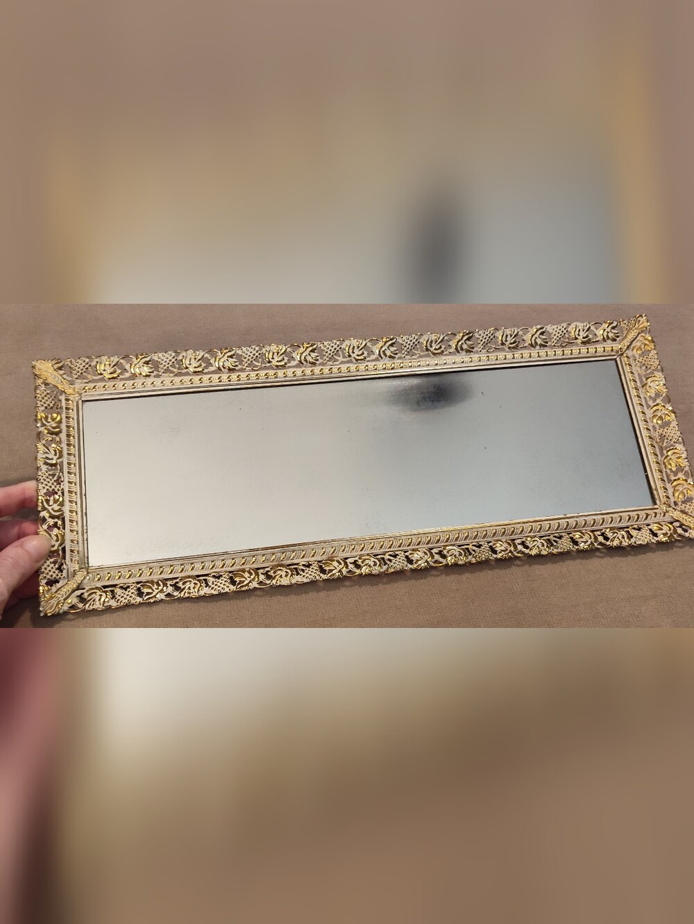 Vintage 50's-60's Gold Ornate Rectangular Mirrored Tray- Elegant Home Accent